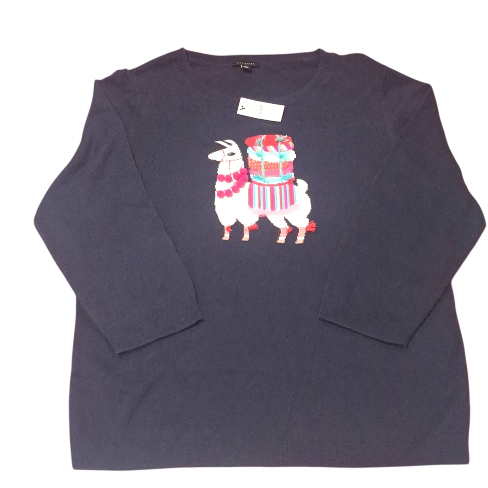 NWT Womens Talbots Dark Navy Blue Llama-Embellished Crewneck Sweater Sz L